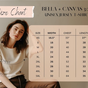 K&ouml;nnte beinhalten: Gr&ouml;&szlig;entabelle f&uuml;r ein Unisex-Jersey-T-Shirt. Die Tabelle zeigt die Gr&ouml;&szlig;e, Breite, Brustumfang und L&auml;nge in Zoll. Die Gr&ouml;&szlig;en sind XS, S, M, L, XL, 2XL, 3XL, 4XL und 5XL.