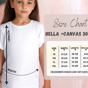 K&ouml;nnte beinhalten: Gr&ouml;&szlig;entabelle f&uuml;r Bella + Canvas 3001Y T-Shirts, mit Ma&szlig;en in Zoll f&uuml;r Breite und L&auml;nge sowie den entsprechenden Kindergr&ouml;&szlig;en. Die Tabelle umfasst die Gr&ouml;&szlig;en YS, YM, YL und YXL.