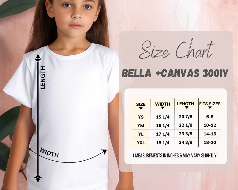 K&ouml;nnte beinhalten: Gr&ouml;&szlig;entabelle f&uuml;r Bella + Canvas 3001Y T-Shirts, mit Ma&szlig;en in Zoll f&uuml;r Breite und L&auml;nge sowie den entsprechenden Kindergr&ouml;&szlig;en. Die Tabelle umfasst die Gr&ouml;&szlig;en YS, YM, YL und YXL.