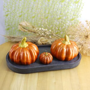 May include: Three orange decorative pumpkins with green and gold stems sit on a dark gray oval tray. The pumpkins vary in size, creating a fall-themed display. The background includes dried plants and a light green patterned fabric.