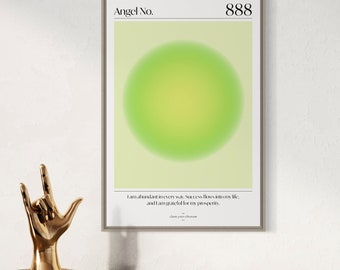 May include: A beige poster with a green circle in the center and the text "Angel No. 888" at the top. The text below the circle reads "I am abundant in every way. Success flows into my life, and I am grateful for my prosperity."