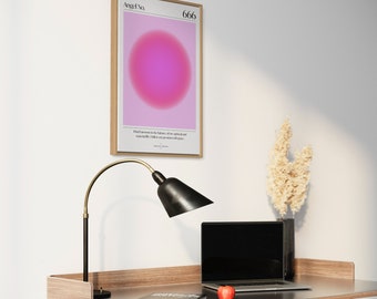 May include: A framed poster with a pink and purple gradient circle in the center. The poster has the text "Angel No. 666" at the top and a quote about the balance of spiritual and material life at the bottom.