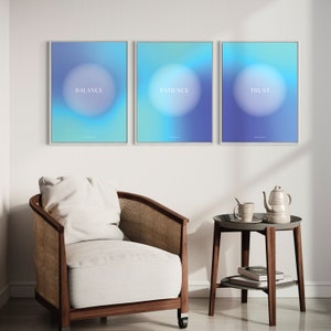 Blue Aura Poster Prints, Spiritual Wall Art, Set Of 3 Affirmation Poster, Gradient Wall Art, Trendy Wall Art, Balance, Patience, Trust