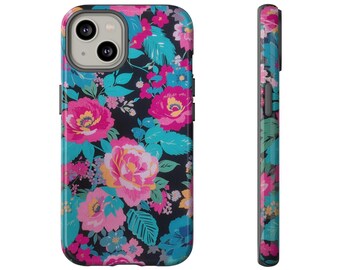 Bloemenprint, duurzaam, beschermend, blauw, roze, bloemmotief, iPhone 14 hoesje