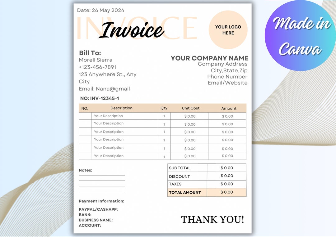 Beige Invoice Templateeditable Canva Template Printable - Etsy