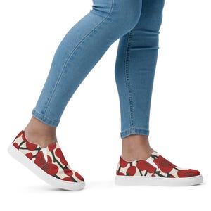 Red poppies casual sneakers, floral slip on, boho shoes, Women’s slip-on canvas shoes