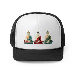 Colorful Buddha Statues Trucker Cap, Spiritual Meditation Hat, Zen Symbol Headwear, Yoga Lover Gift, Buddhist Headgear, Peaceful Mind Hat,