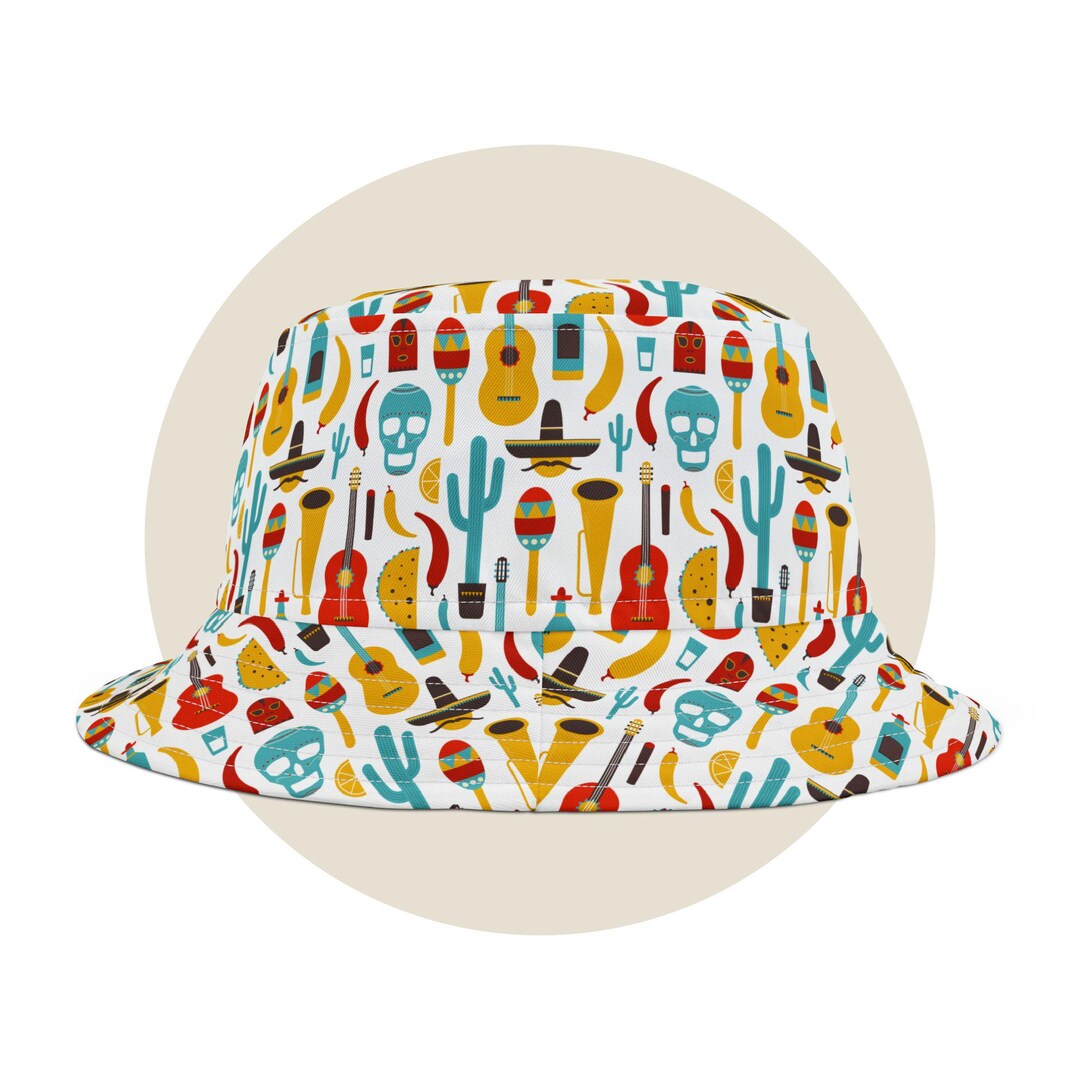 Mexican Culture Bucket Hat, Instruments, Tacos, Maracas, Chili Peppers ...