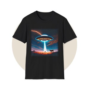 Flying Saucer Tee, UFO Cow Abduction Unisex T-Shirt, Alien invasion shirt, Cow spaceship tee, funny conspiracy tee, gift for sci-fi fan