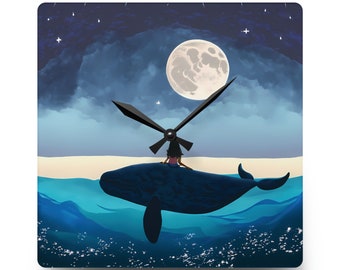 Horloge murale acrylique Fille avec une baleine sur la mer et une lune