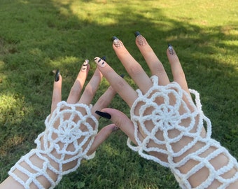 Crochet Spiderweb Gloves | Gothic Fashion Accessory | Halloween Fingerless Gloves | Order in any Color!