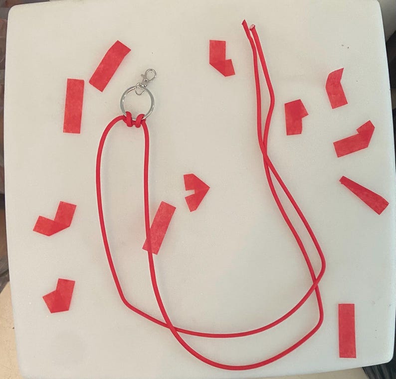 May include: A red lanyard with a silver-colored clasp, knotted at the top. Scattered around the lanyard are several small, red, rectangular pieces of tape, creating a visually interesting arrangement against a white background.
