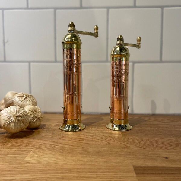 Classic Greek Pepper Mill & European-Style Salt Grinder Copper+Brass, Ideal for Gifts, Home, and Kitchen Use