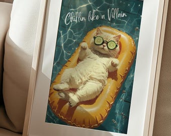 Chillin Like a Villain | Cat Poster | Funny Cat Pool Wall Art | Yellow Airbed | Summer Print | Digital Download