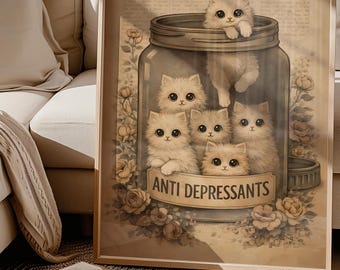 Kitten Therapy in a Jar Poster | Funny Anti-Depressants Print | Whimsical Vintage Wall Art | Cute Home Decor | Cat Poster | Digital Download