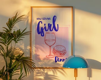 Girl Dinner | Art Print |  Retro Burger & Wine Kitchen Poster | Kitchen Wall Art | Poster | Kitchen | Food Poster | (Digital Download