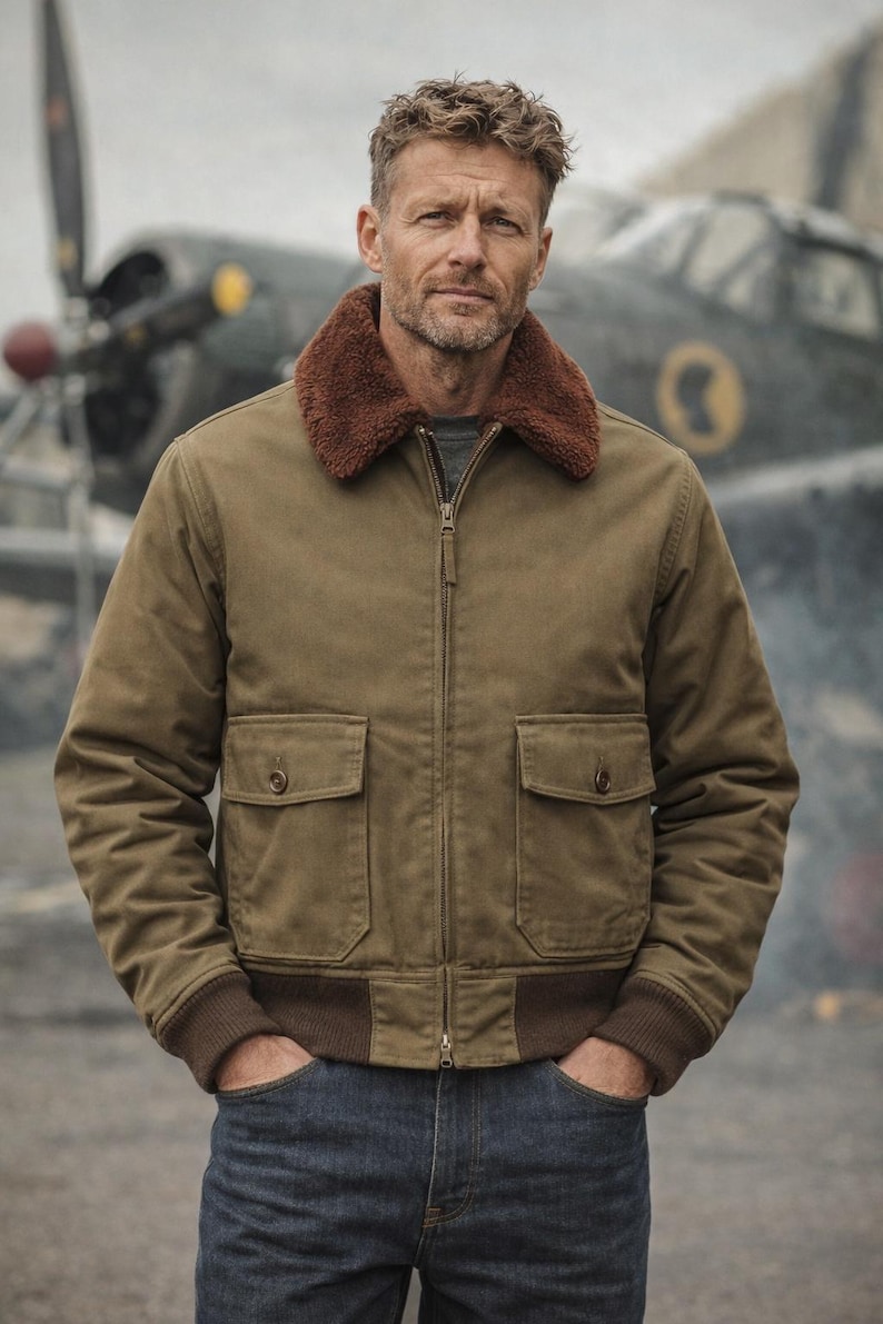 May include: An olive green bomber jacket with a brown faux fur collar, two front pockets, and ribbed cuffs and hem. The jacket is zipped up and worn with blue jeans. An airplane is in the background.
