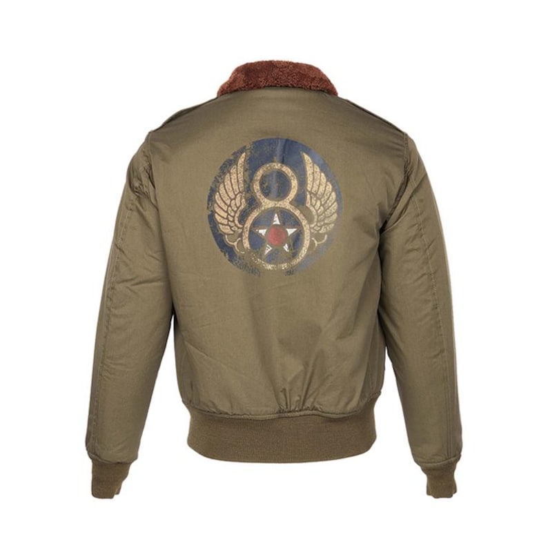 May include: Olive green bomber jacket with a brown faux fur collar and ribbed hem and cuffs. The back features a circular emblem with wings, the number 8, and a red star. A classic style jacket.