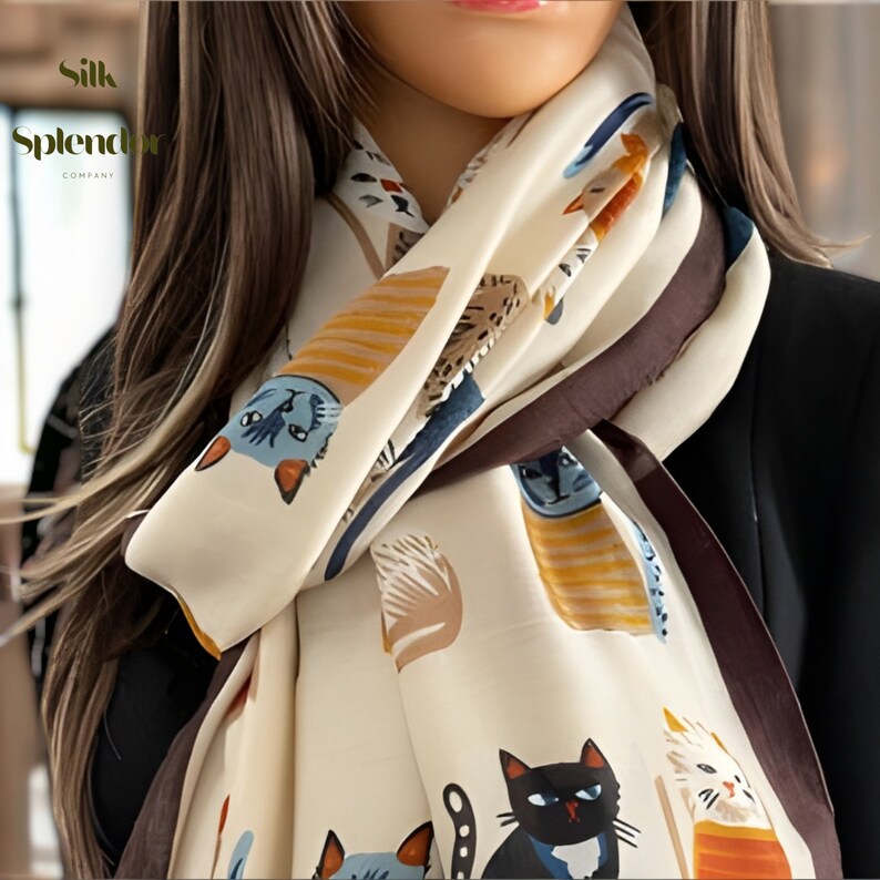 Sophisticated Silk Cat Print Scarf Artisanal Soft Pashmina in Elegant Gift Box,cream Cat Silk