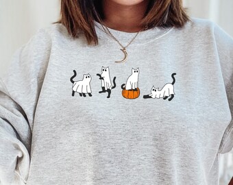Sudadera de Halloween de gato, camisa de gato fantasma, sudadera de gato negro, camisa de gato espeluznante, regalo de amante de los gatos, gato de Halloween, sudadera retro de Halloween