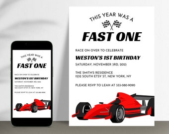 Plantilla de invitación de primer cumpleaños de Race Car, invitación de Race Car digital, invitación de 1er cumpleaños de Race Car, invitación de cumpleaños electrónica