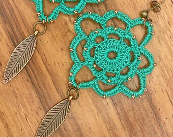 Boho crochet medallion earrings with copper dangle charm, hippie chic