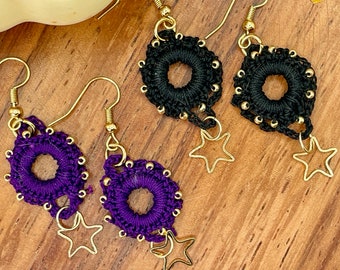 Beaded crochet earrings with cute star dangle, boho style made in artisan lace