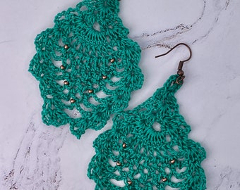 dangle crochet earrings turquoise with copper color glass beads boho western artisan lace earrings