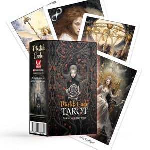 Op de afbeelding: Een doos Mystik Cadi Tarotkaarten met een zwart en rood ontwerp. De doos toont een vrouw met een zwarte roos in een donker bos. De tekst op de doos luidt "Mistik Cadi Tarot" en "78 Kart ve Rehber Kitap".