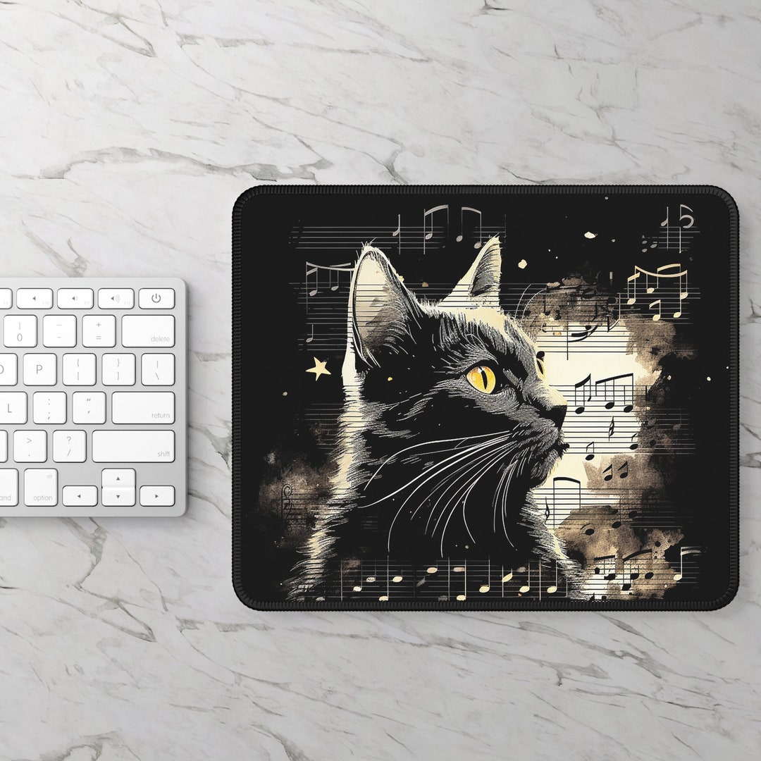 Black Cat Mouse Pad, Cute Desk Laptop Mouse Pad, Hand Crafted Computer