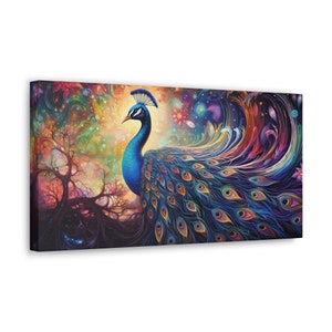 Lienzo de arte premium - Arte de pájaro pavo real por ABE, amante de las mascotas de pájaros, arte de pared, decoración de pájaros, pájaro divertido, envolturas de galería de lona de tendencia