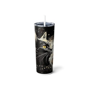 Black Cat Musical Tumbler for Kitty Cat Lover&#39;s, Animal Cat Gift, Cat Mom Coffee Tumbler, Skinny Steel Tumbler with Straw, 20oz