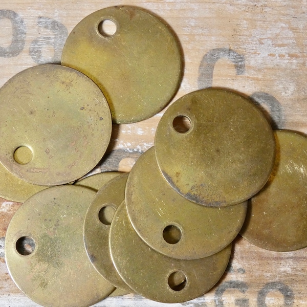 Vintage brass blank round tags with hole, lot of 3 pieces, stamping supply