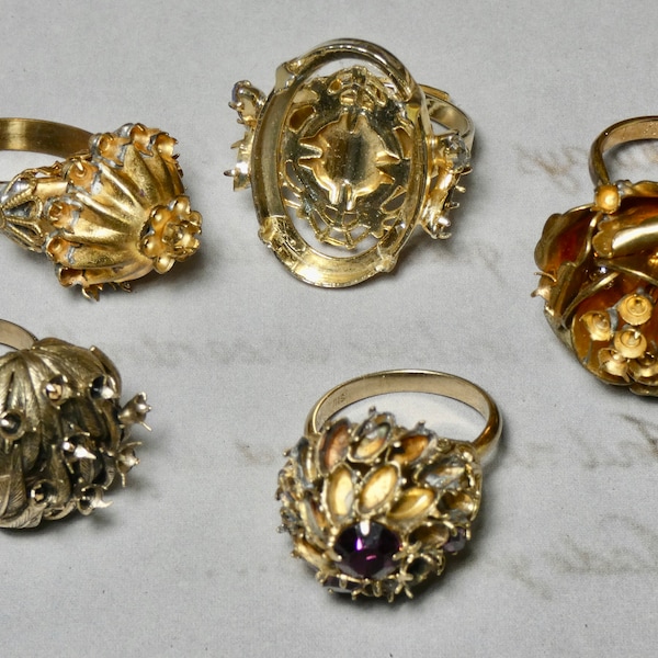 Vintage rhinestone rings, jewelry pieces and parts repurposed supply lot