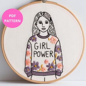Hand Embroidery digital PDF Pattern , Line Art Girl Power hand embroidery beginner&#39;s pattern , Hand embroidery Tutorial for beginners