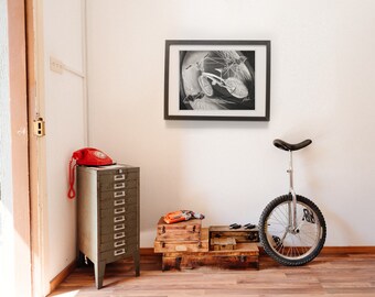 Art Print - BMX Bike Between Wheel Spokes - From Original Drawing Created Using Charcoal