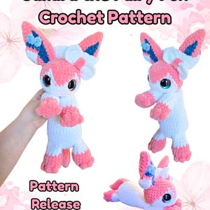 May include: A crochet pattern release image featuring a pink, white, and blue fairy fox. The fox has large ears, big eyes, and is shown in multiple poses. The text "Sakura the Fairy Fox Crochet Pattern" and "Pattern Release" are displayed.