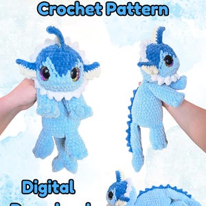 May include: A crocheted plush toy in various poses. The toy is primarily light blue with darker blue accents and white trim. The text "Nori the River Fox Crochet Pattern" and "Digital Download" are displayed.