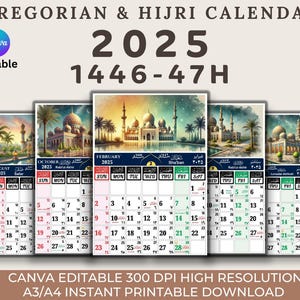 Canva Editable 2025 1446/1447 Hijri Calendar with Gregorian and Hijri Dates | Islamic Calendar for Muslims | 12 Pages & 1 Page High Res.