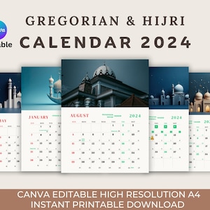 Canva Editable 2024 1445/1446 Islamic Calendar with Gregorian and Hijri Dates | Calendar for Muslims | 12 Pages & 1 Page | Two Hijri Dates