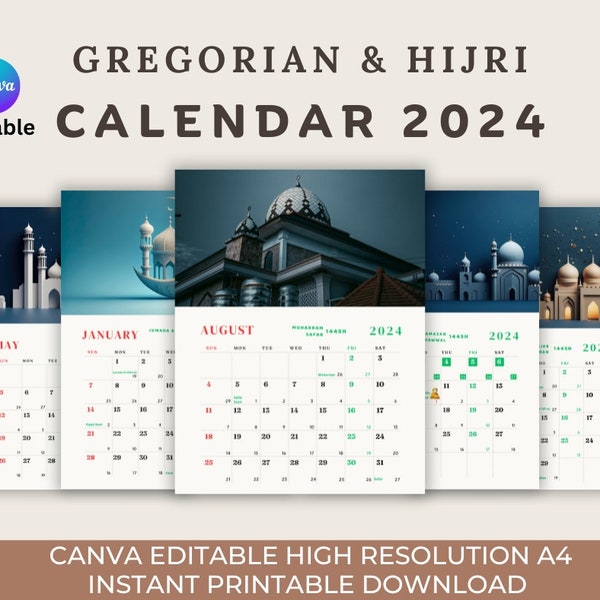 Canva Editable 2024 1445/1446 Islamic Calendar with Gregorian and Hijri Dates | Calendar for Muslims | 12 Pages & 1 Page | Two Hijri Dates