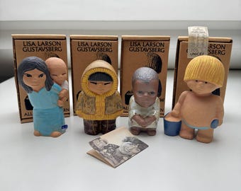 Lisa Larson Gustavsberg All World's Children Set 4 Vintage Swedish Ceramic Figurines 1970s Mid Century Modern