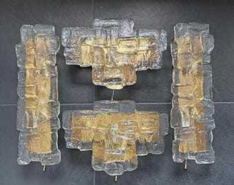 Vintage Kalmar Franken KG Wall Lights Set, Brutalist Glass Sconces, Austrian Mid Century Modern Lighting, Textured Ice Glass & Brass, 1960s