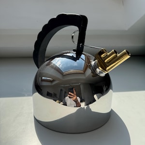 Vintage Alessi 9091 Kettle by Richard Sapper – Stainless Steel with Brass Whistles – Iconic Italian Design, 1980s, Near Mint