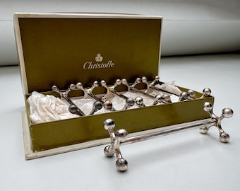 Christofle Silver Plated Knife Rests – Set of 6 Vintage Cutlery Holders with Box – Paris France – Marked, 8 cm