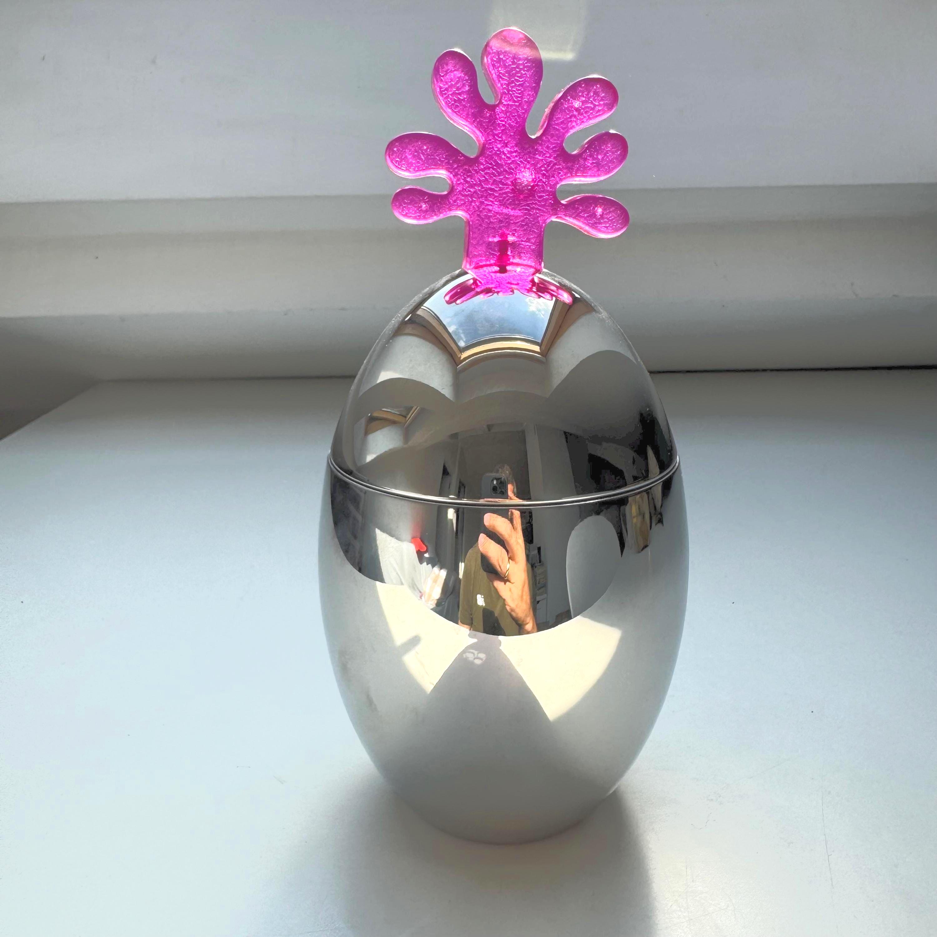 Rare Alessi Ovo Jar by Joanna Lyle – Vintage Stainless Steel Canister with Pink Splatter Lid, 1990s Italy
