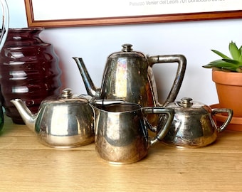 Art Deco Silver Plated Coffee Set by Wiskemann – 1930s Belgian Service – Coffee Pot, Teapot, Sugar Bowl & Milk Jug