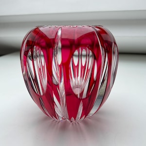 Vintage Ruby Red Cut-to-Clear Crystal Vase by Van Sant Lamberta – Hand-Cut Bohemian Art Glass, Mid-Century Home Decor