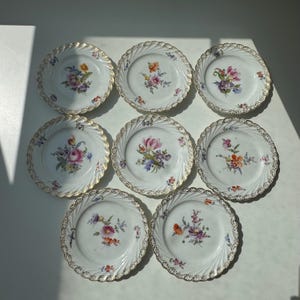 Set of 8 Vintage Nymphenburg Dessert Plates – Hand Painted Floral Porcelain, Gold Trim, German Fine China, Collectible Tableware