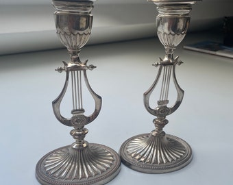 Pair of Art Nouveau Lyre candlesticks silver plate